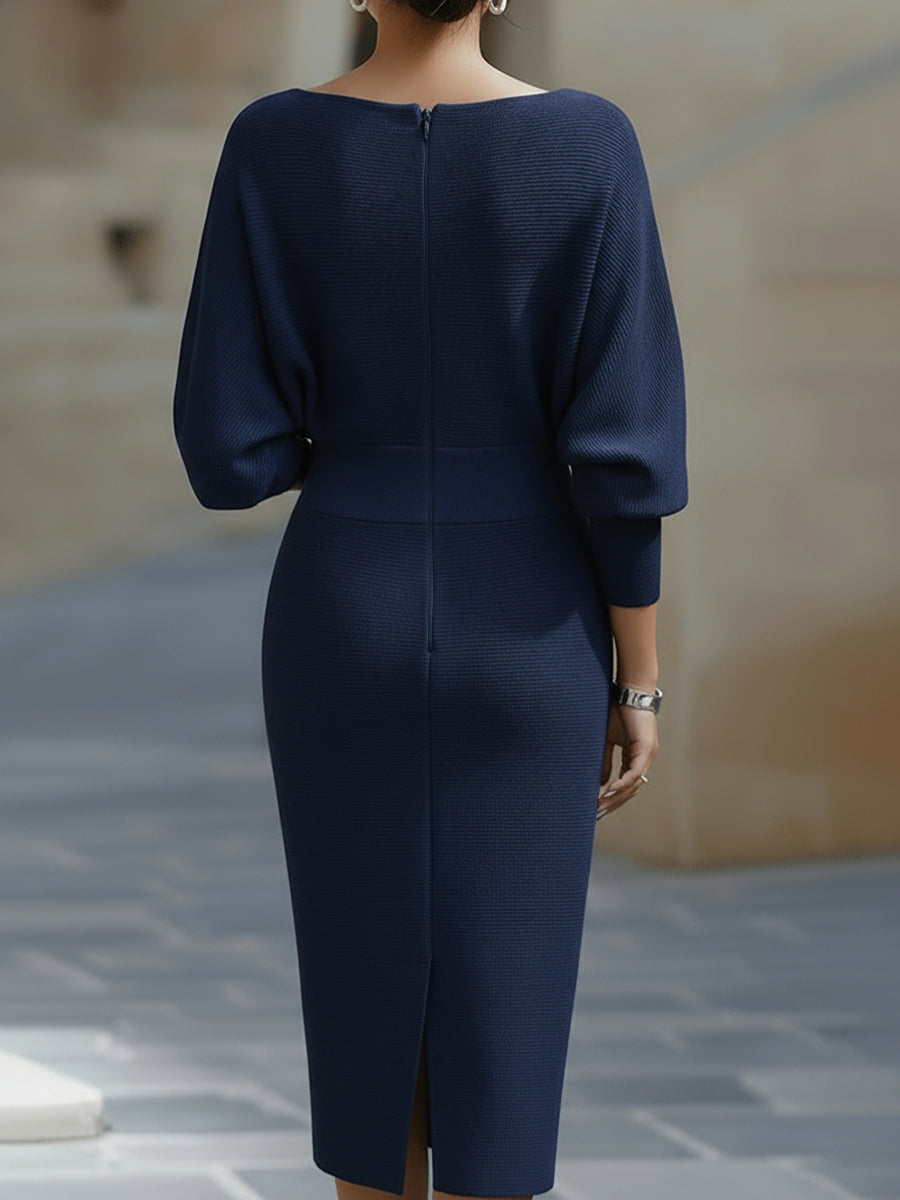 Juliane | Dame Bådudskæring Midi Bodycon Kjole Med Flagermusærmer