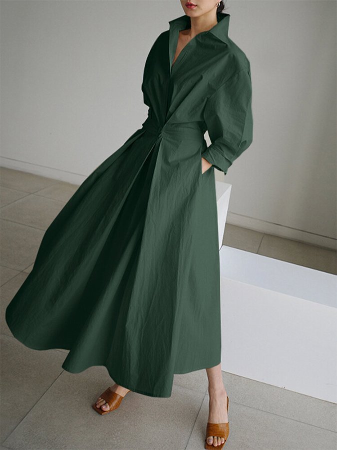 Elfriede | Dame Elegant Knap Talje Skjorte Midi Kjole