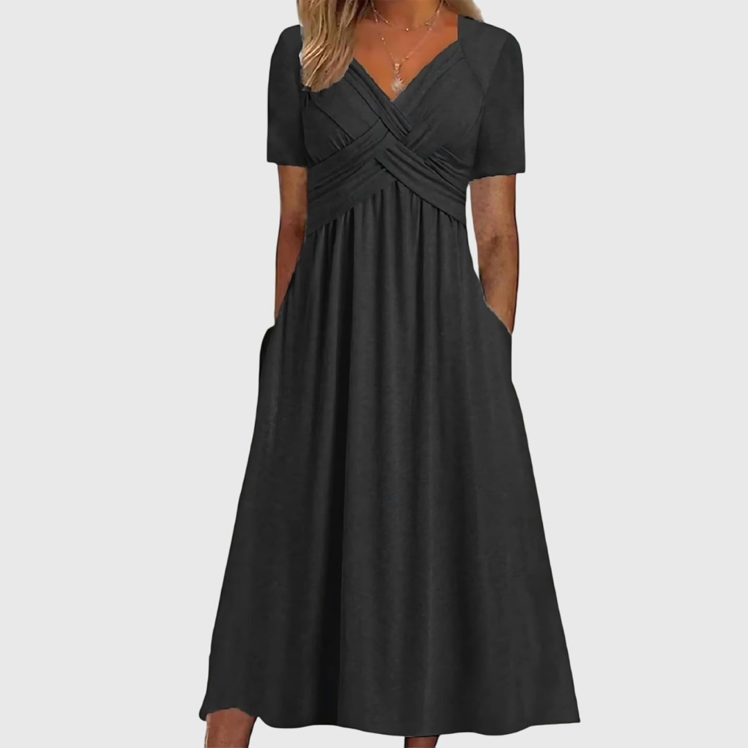 Delphine | Dame V-Hals Flydende Midi Kjole