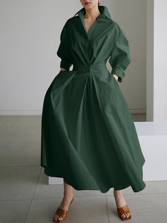 Elfriede | Dame Elegant Knap Talje Skjorte Midi Kjole