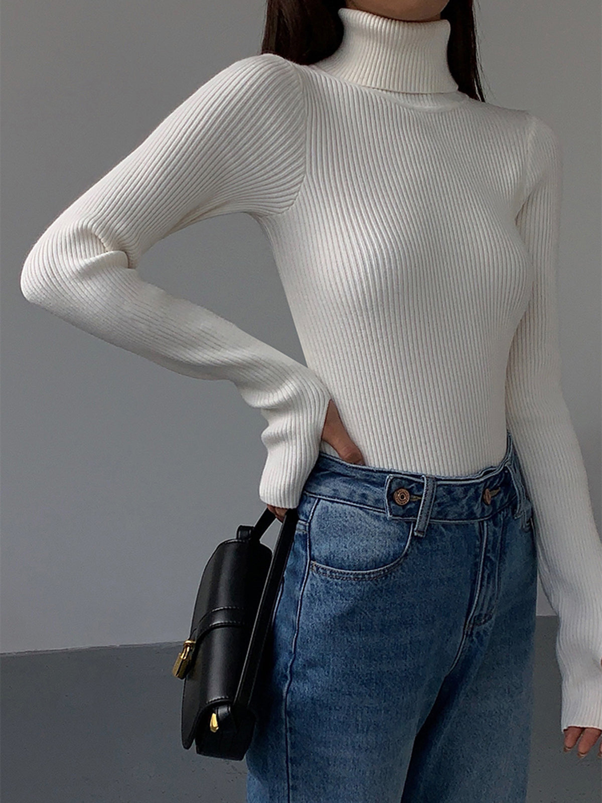 Birthe | Dame Forårs Stilfuld Ribstrikket Rullekrave Sweater