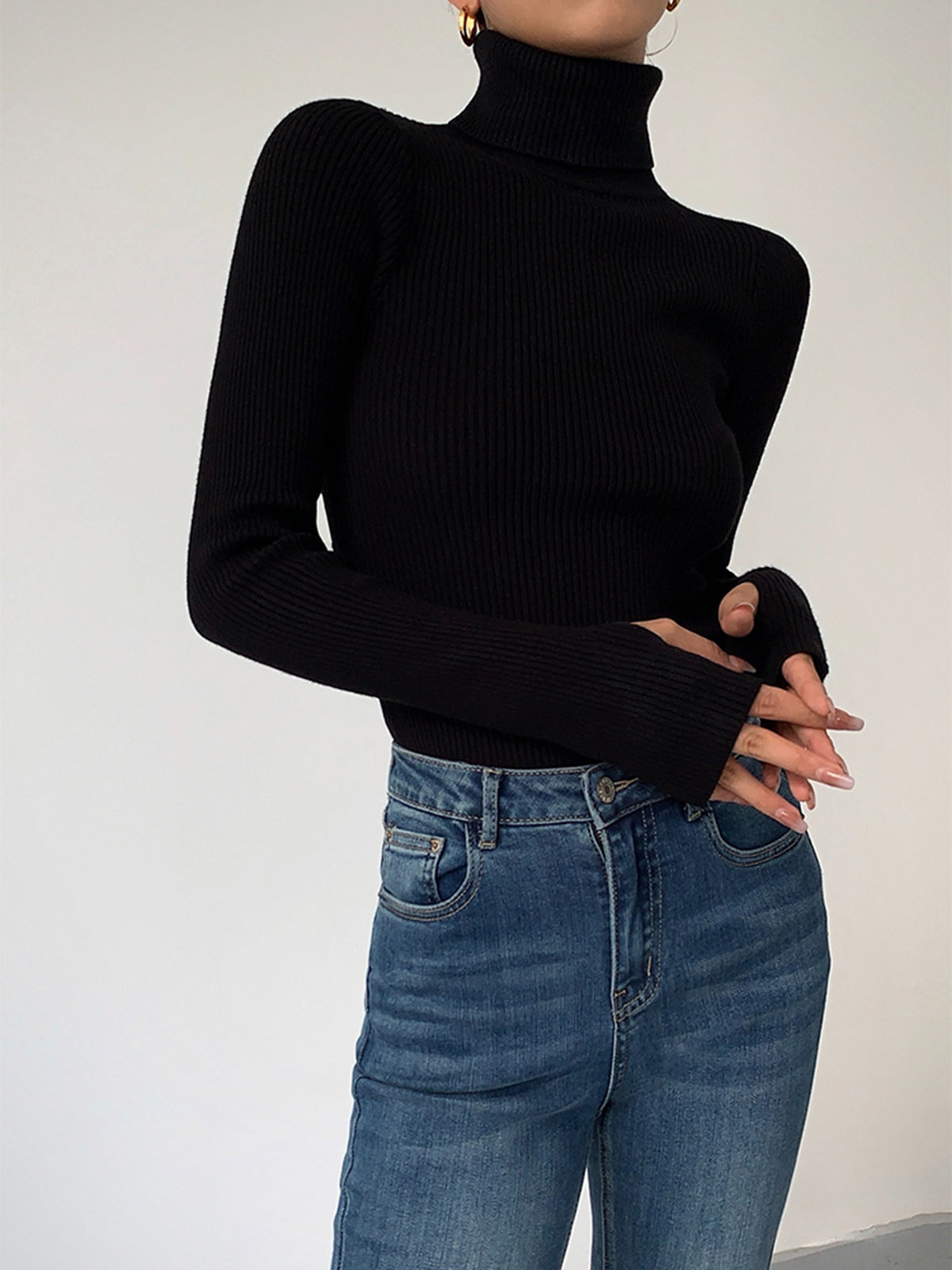 Birthe | Dame Forårs Stilfuld Ribstrikket Rullekrave Sweater