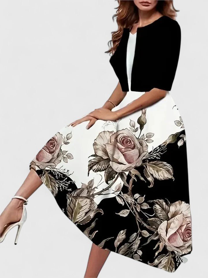 Lea | A-Line Midi Kjole Blomsterprint 3/4 Ærmer Lejligheds Kjole