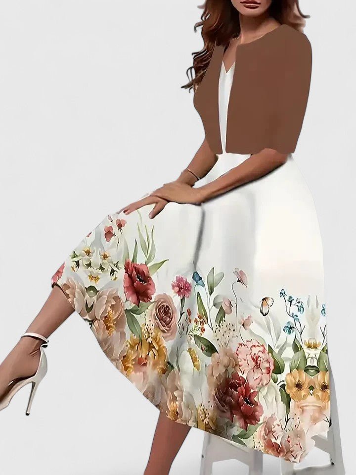 Lea | A-Line Midi Kjole Blomsterprint 3/4 Ærmer Lejligheds Kjole