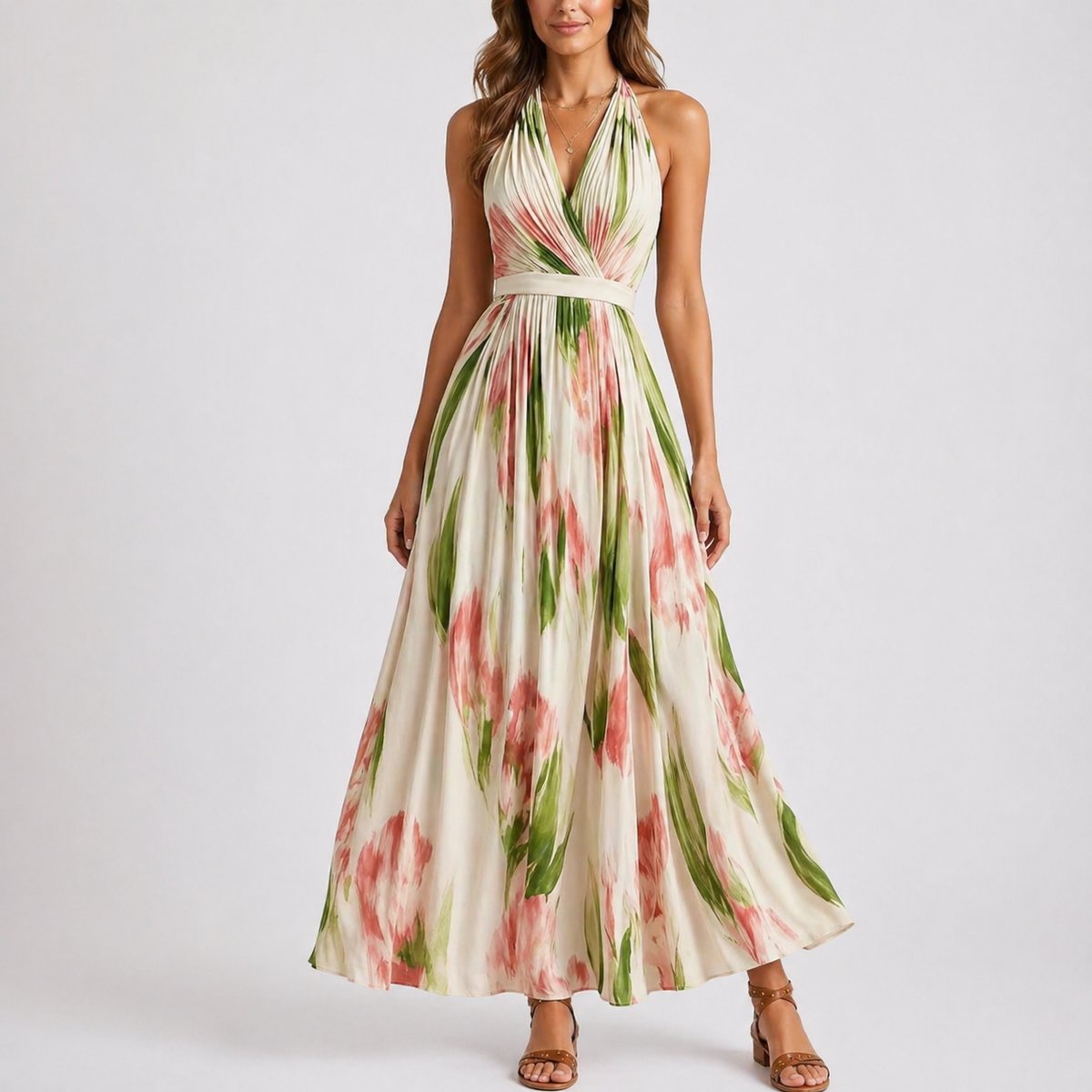 Clara | Blomstret Halterneck Maxi Brudegæstekjole Vandfarve Print