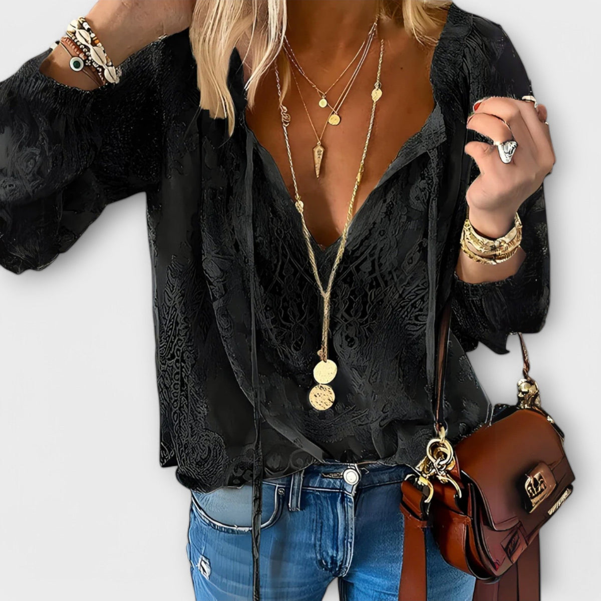 Sofia | Boho Bluse V-Udskæring Blonde Lange Ærmer Dame