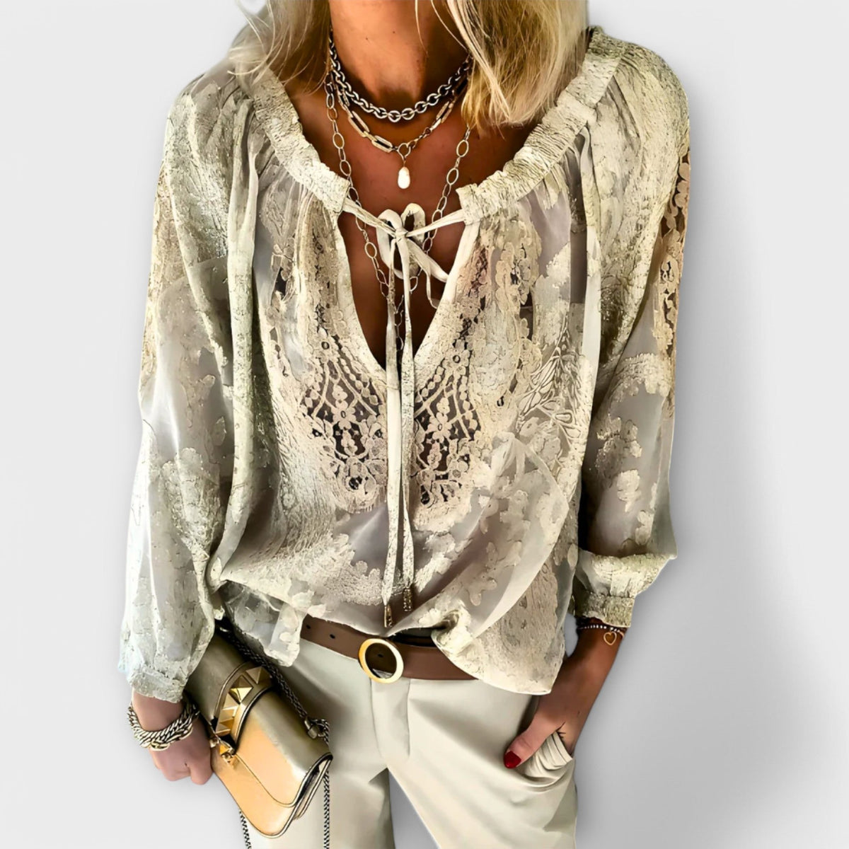 Sofia | Boho Bluse V-Udskæring Blonde Lange Ærmer Dame