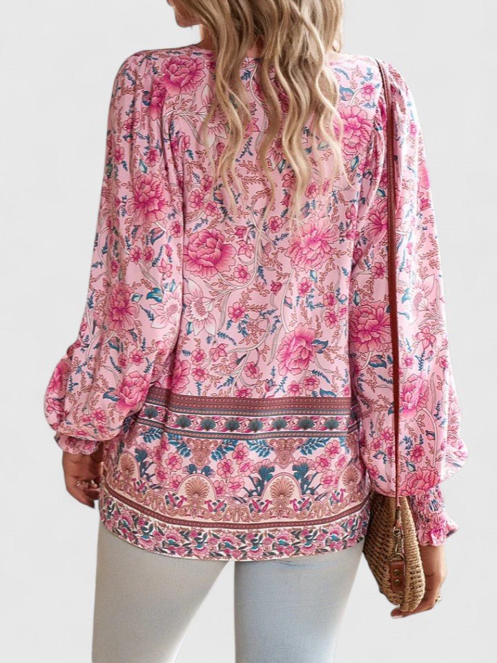 Sofia | Boho Bluse V-Udskæring Pufærmer Blomsterprint