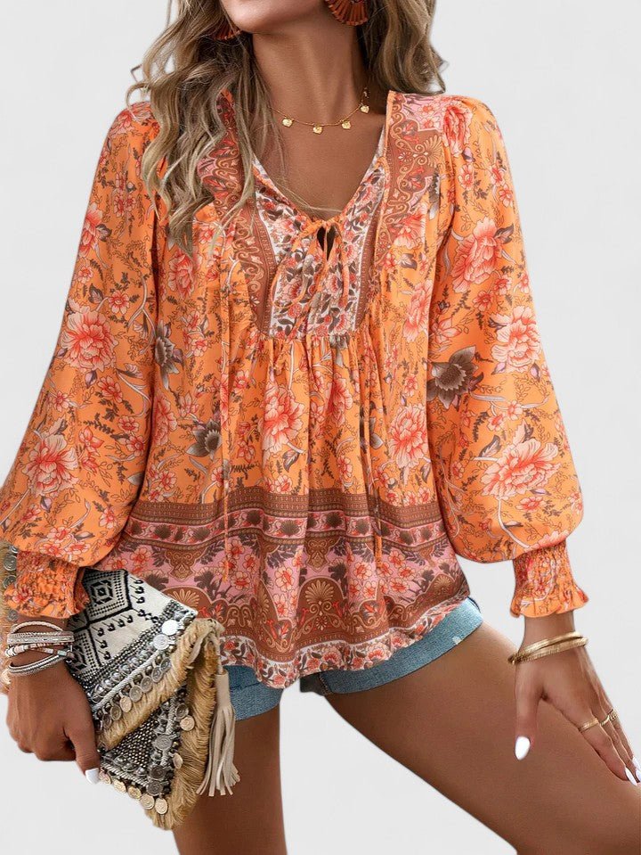 Sofia | Boho Bluse V-Udskæring Pufærmer Blomsterprint