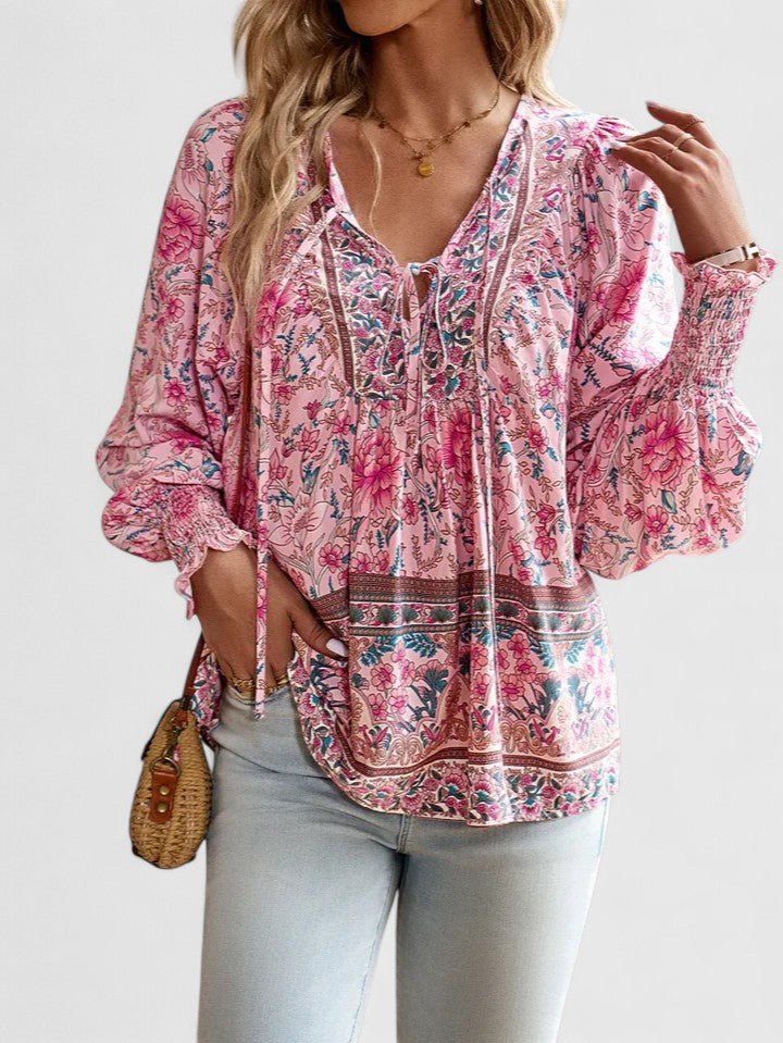 Sofia | Boho Bluse V-Udskæring Pufærmer Blomsterprint