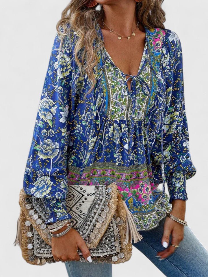 Sofia | Boho Bluse V-Udskæring Pufærmer Blomsterprint