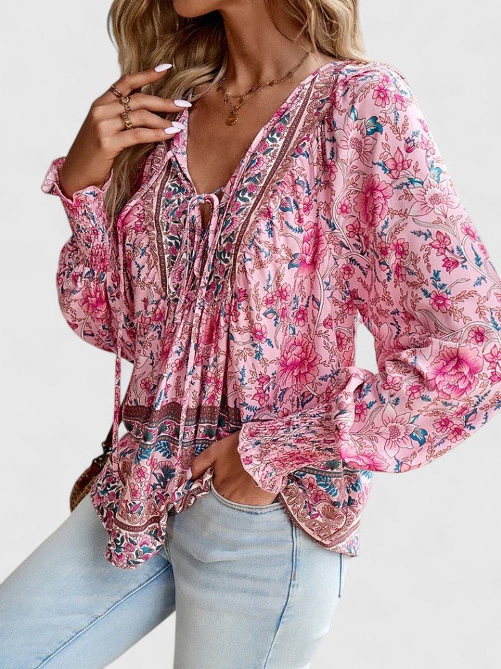 Sofia | Boho Bluse V-Udskæring Pufærmer Blomsterprint
