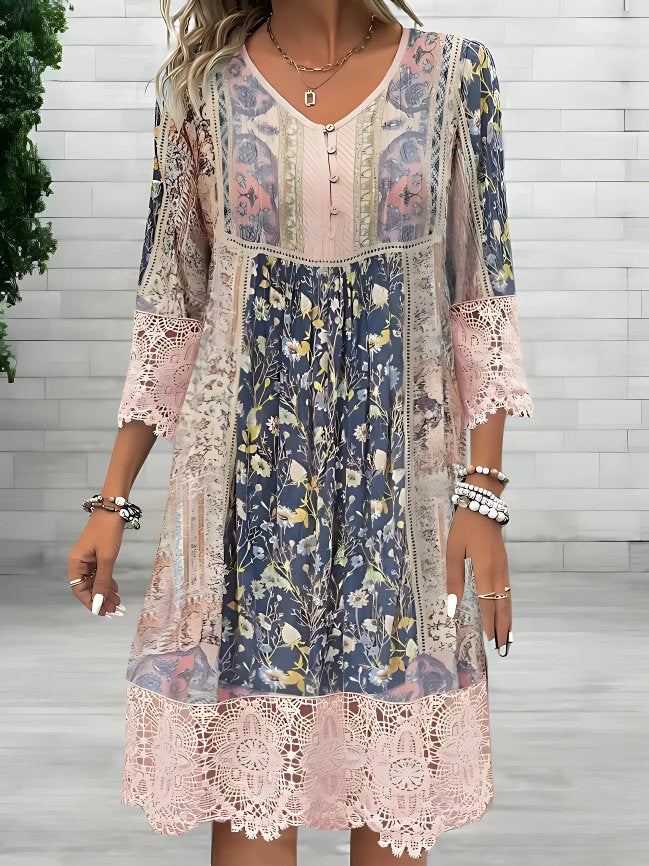 Laura | Boho Kjole Blommønster V-hals Lange Ærmer Flowy