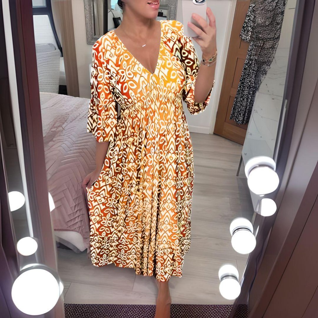 Nora | Boho Kjole Løstsiddende Print Casual V-Hals