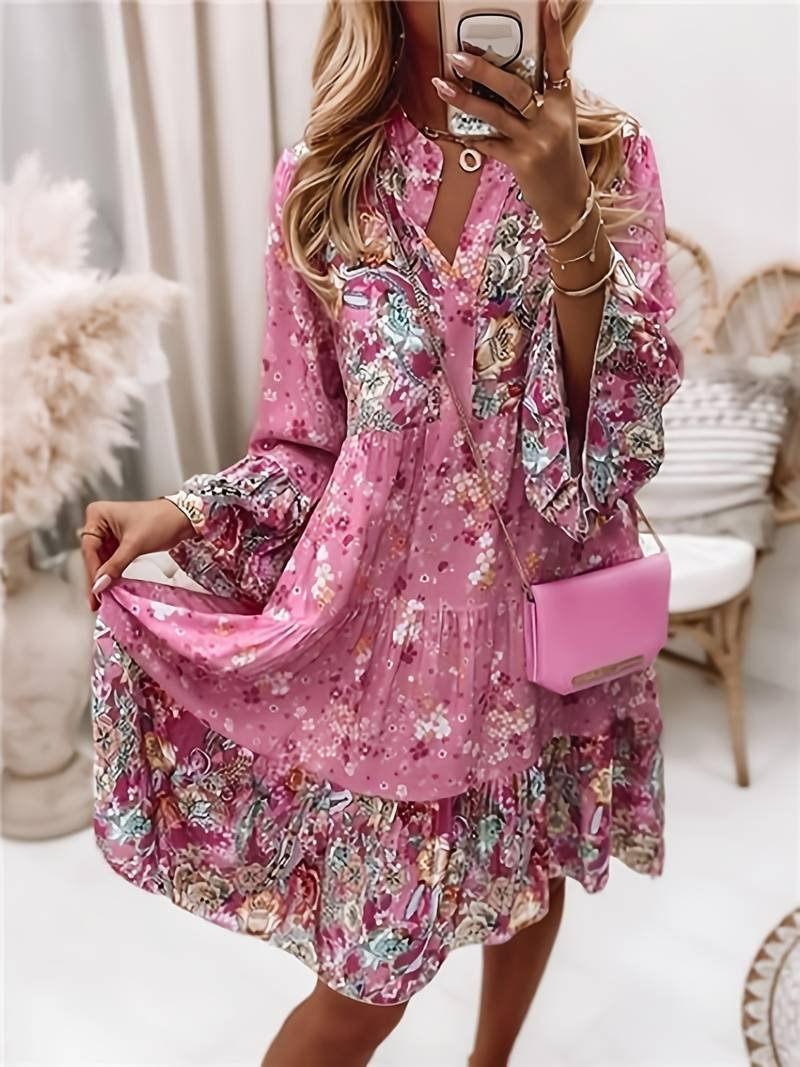 Josefine | Boho Kjole med Blomsterprint V-Udskæring Langærmet
