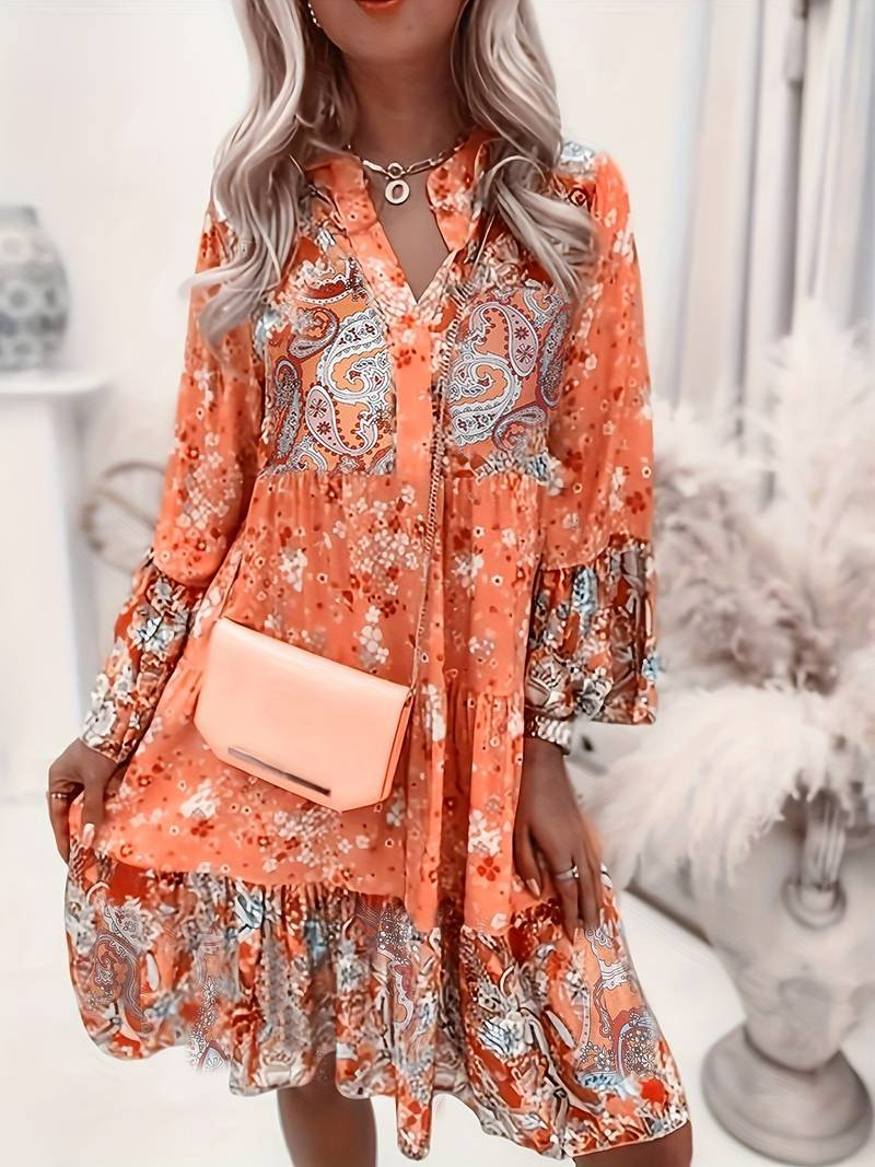 Josefine | Boho Kjole med Blomsterprint V-Udskæring Langærmet