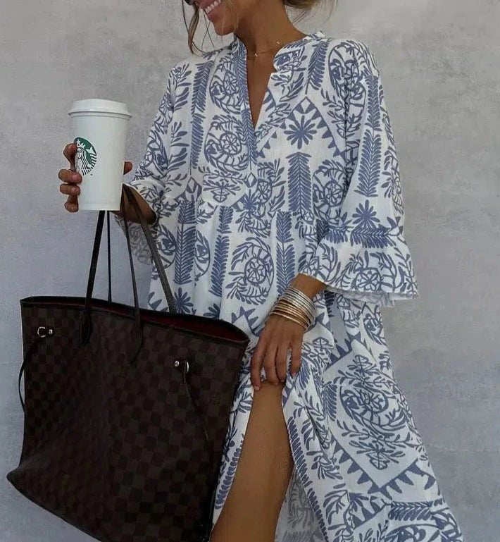 Sofia | Boho Kjole V-Hals 3/4 Ærmer Swing Stil Print