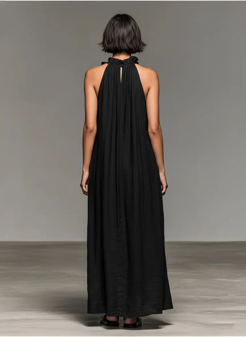 Clara | Boho Linned Maxi Kjole Ærmeløs Flæsekant Dame