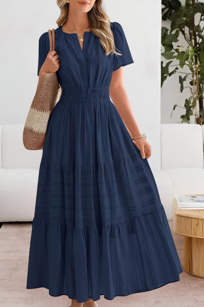 Ida | Boho Maxi Kjole Kort Ærme Elastik Talje Sommer