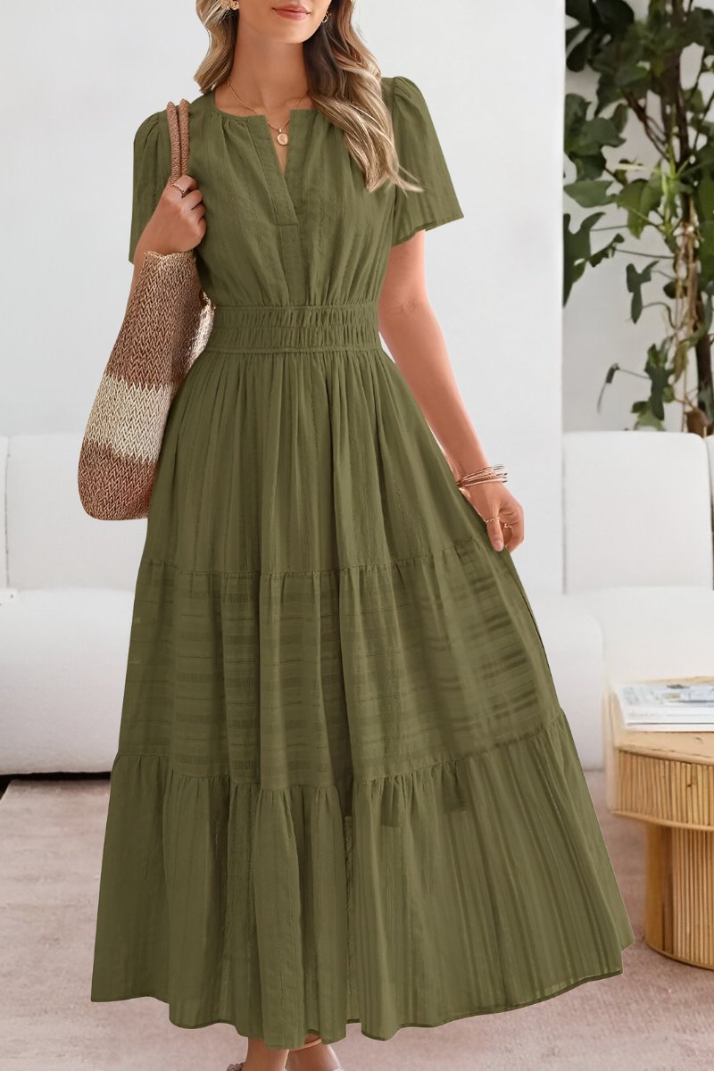 Ida | Boho Maxi Kjole Kort Ærme Elastik Talje Sommer