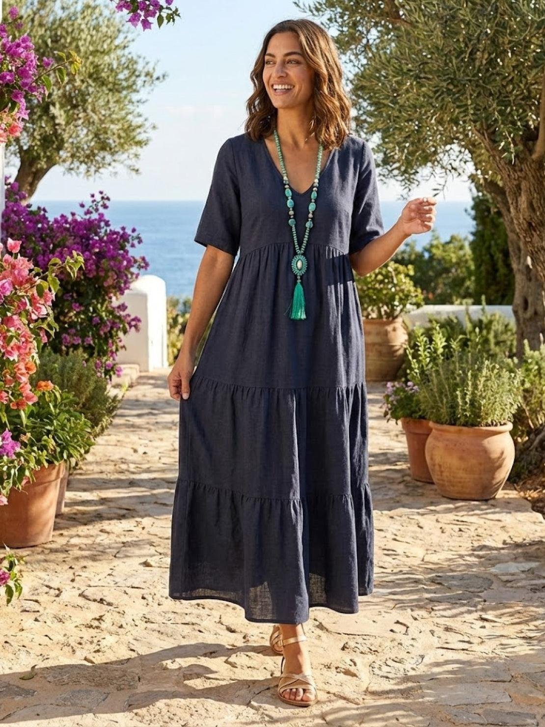 Karla | Boho Maxi Kjole V-Udskæring Korte Ærmer Lagdelt