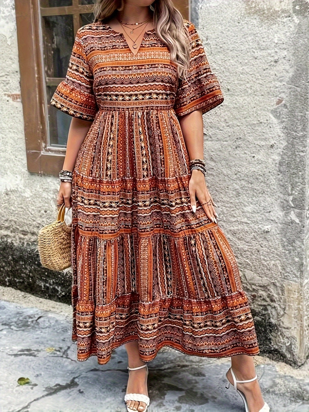 Laura | Boho Maxi Kjole V-udskæring Trykt Mønster Flydende
