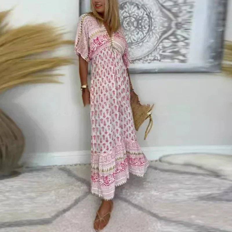 Karla | Boho Maxikjole Med Print Løstsiddende Boheme Stil