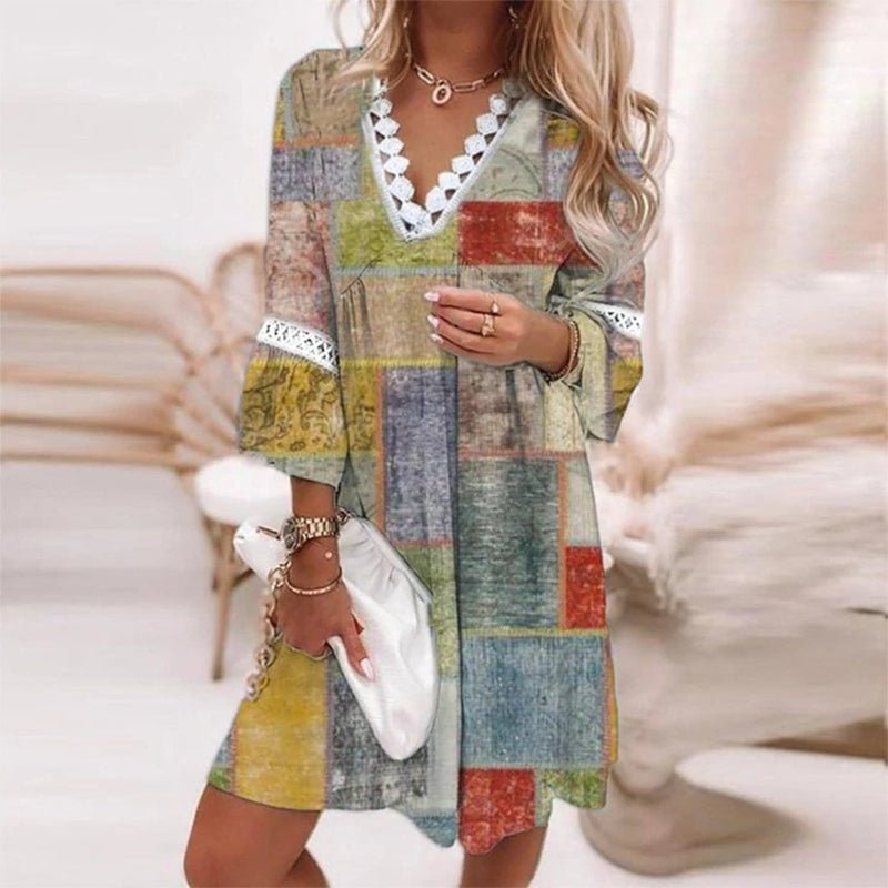 Astrid | Boho Mini Kjole Løs Pasform Print V-Udskæring Langærmet