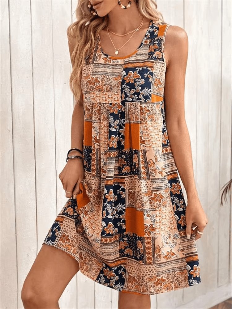 Liv | Boho Patchwork Kjole Ærmeløs Mini Print