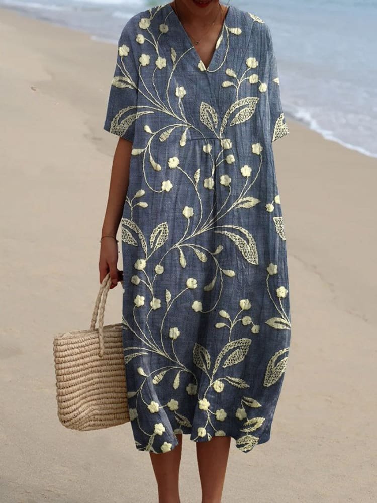Ida | Boho Stribet V-Hals Midi Kjole til Kvinder Afslappet Sommerkjole