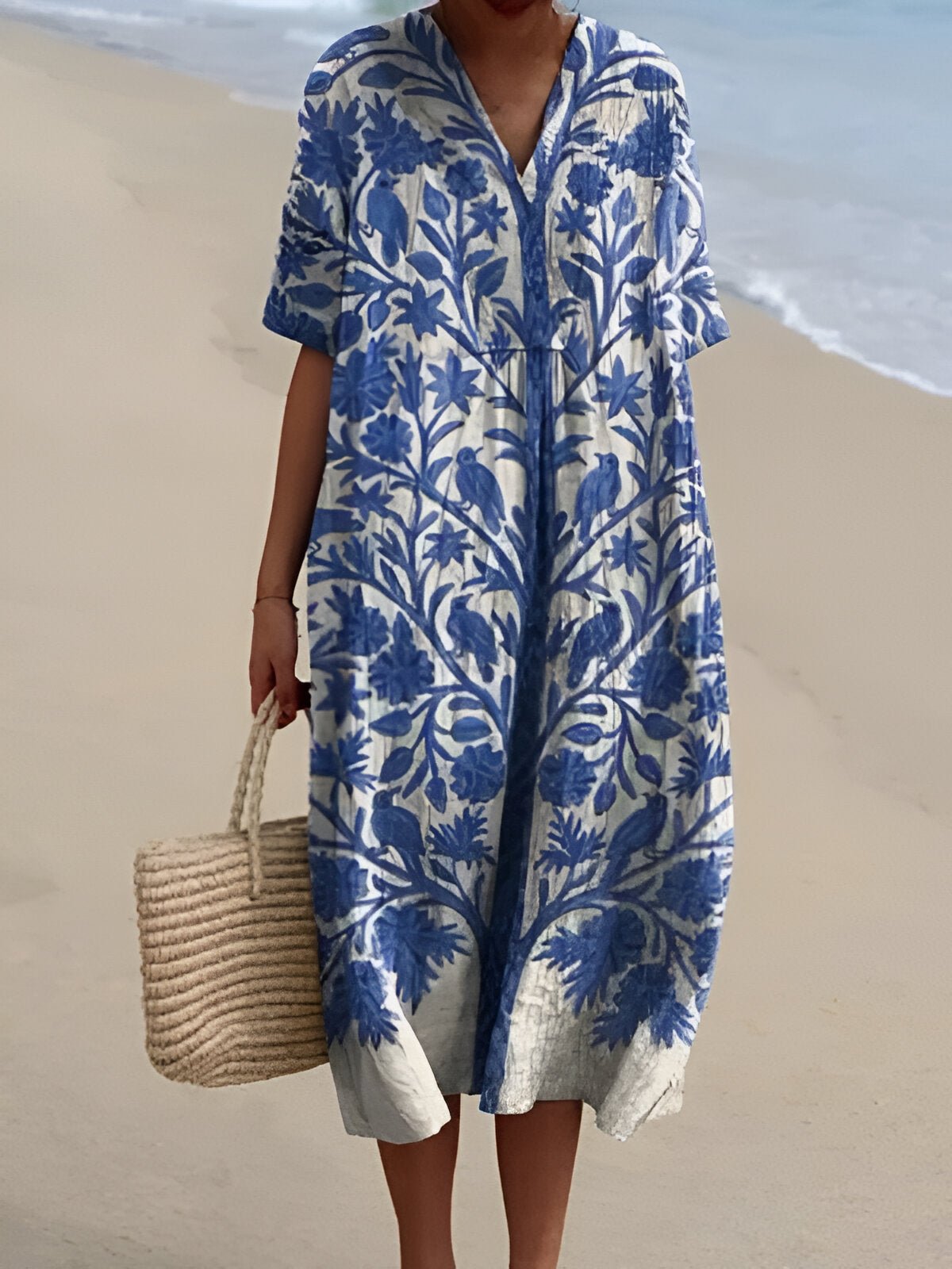 Ida | Boho Stribet V-Hals Midi Kjole til Kvinder Afslappet Sommerkjole
