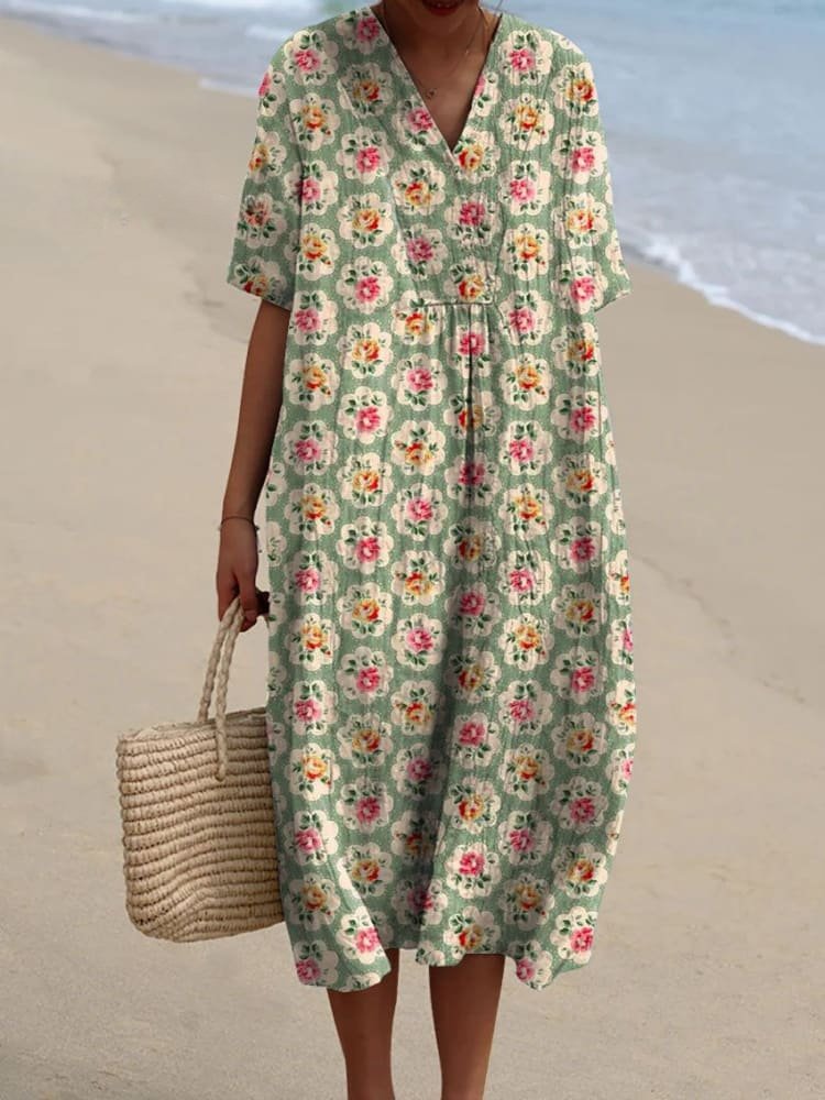 Ida | Boho Stribet V-Hals Midi Kjole til Kvinder Afslappet Sommerkjole
