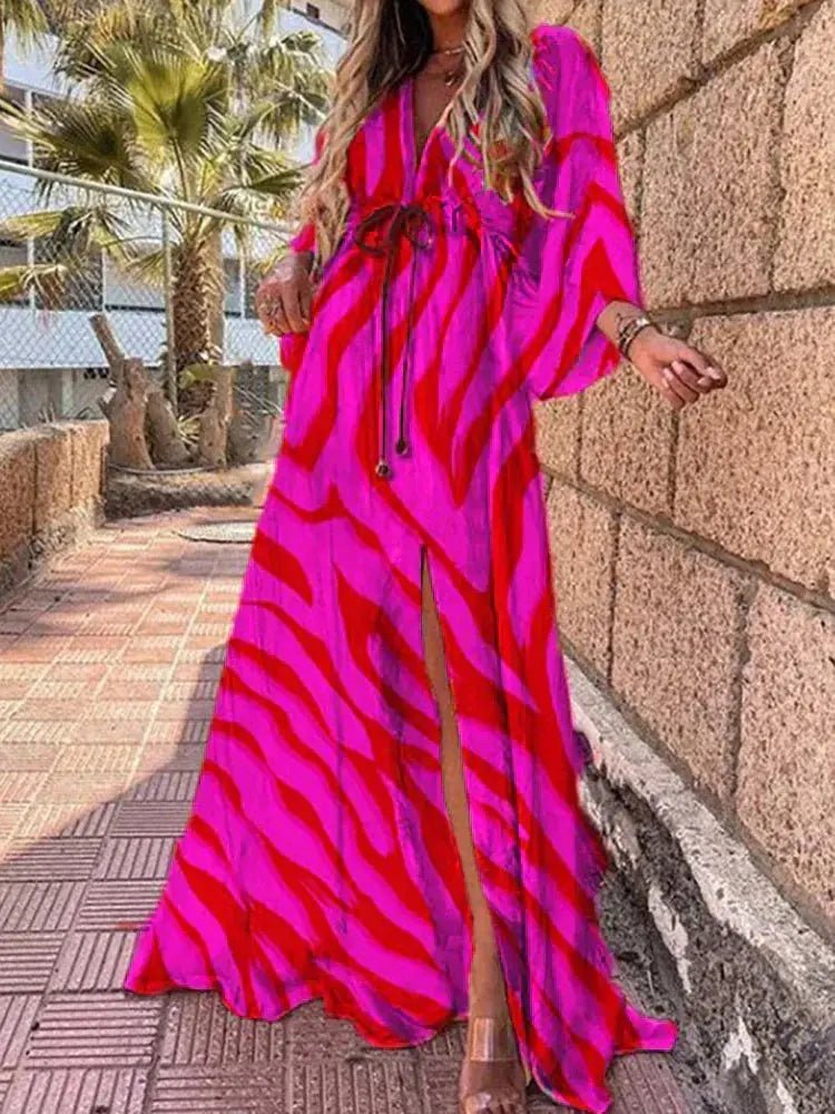 Laura | Dame Abstrakt Print Maxi Kjole Dyb V-udskæring Kimono Ærmer