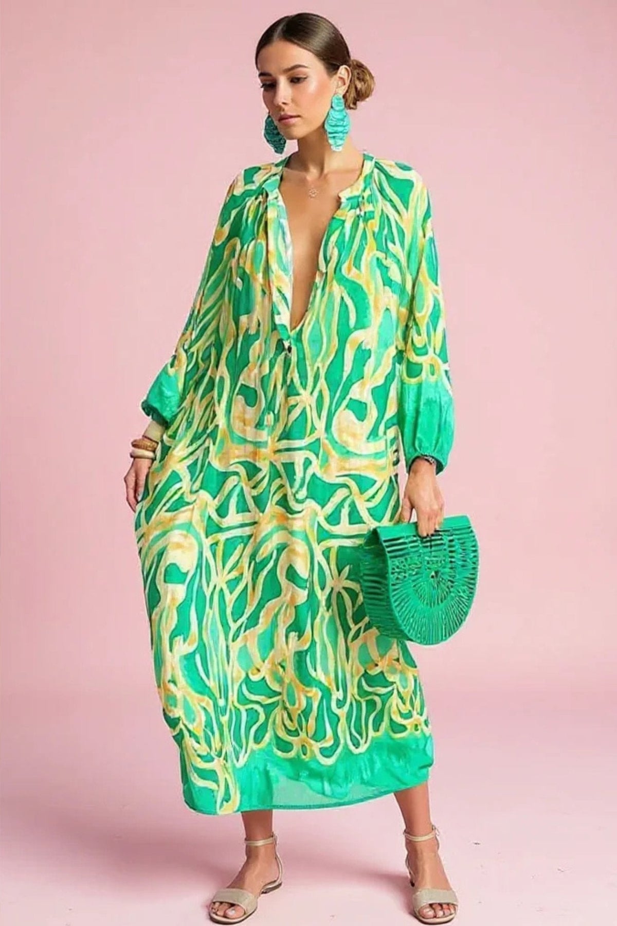 Josefine | Dame Abstrakt Print V-hals Kaftan Maxi Kjole Langærmet