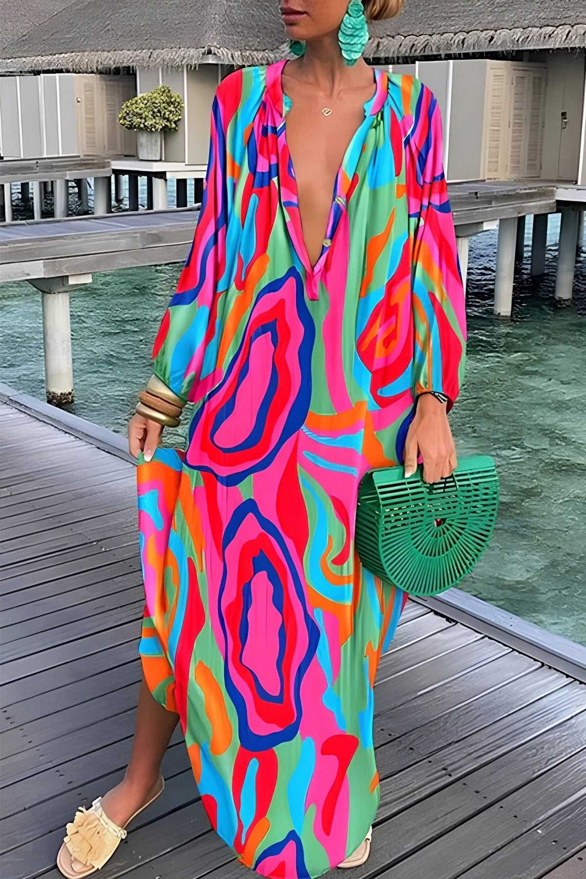 Josefine | Dame Abstrakt Print V-hals Kaftan Maxi Kjole Langærmet