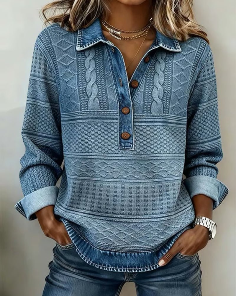 Olivia | Dame Afslappet Kabelstrikket Halvknappet Sweatshirt Denimkrave