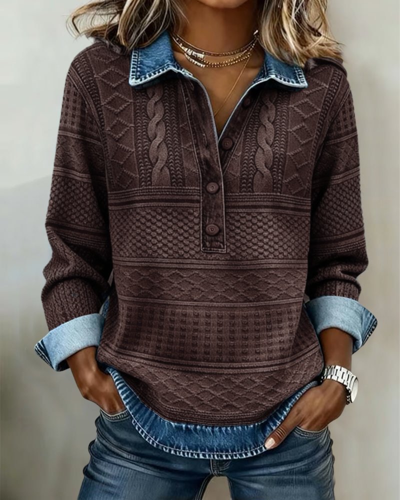 Olivia | Dame Afslappet Kabelstrikket Halvknappet Sweatshirt Denimkrave