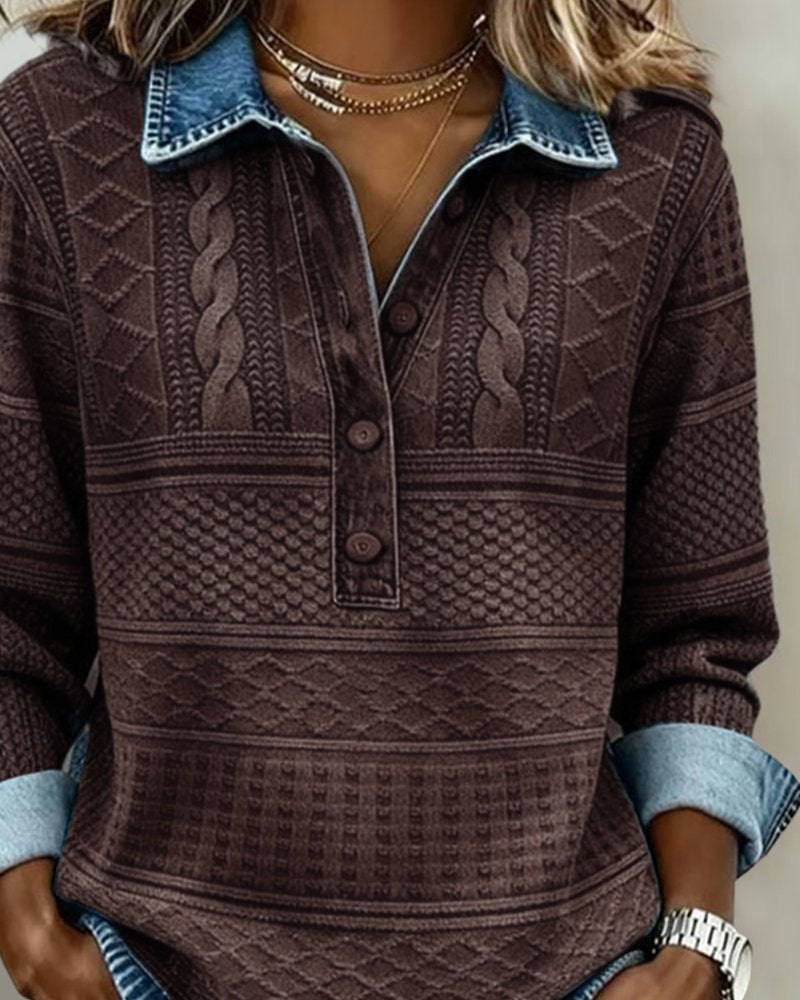 Olivia | Dame Afslappet Kabelstrikket Halvknappet Sweatshirt Denimkrave