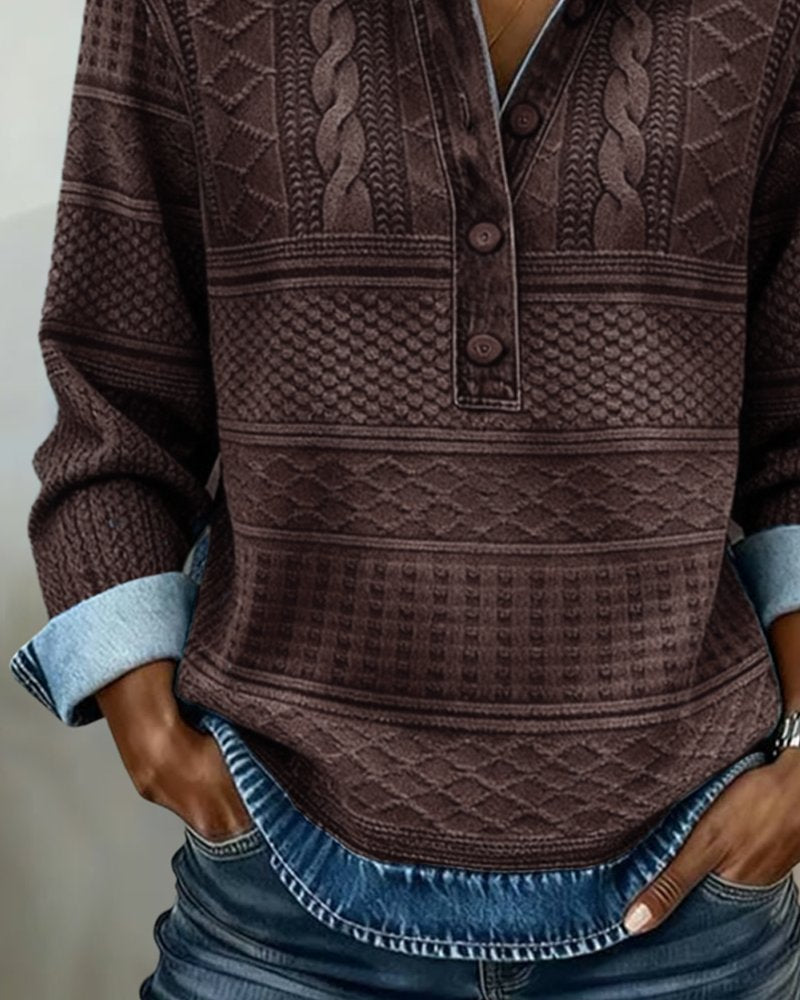 Olivia | Dame Afslappet Kabelstrikket Halvknappet Sweatshirt Denimkrave