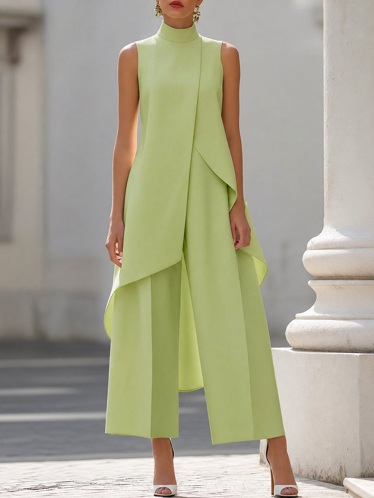 Emma | Dame Asymmetrisk High-Neck Ærmeløs Wide-Leg Bukse Sæt