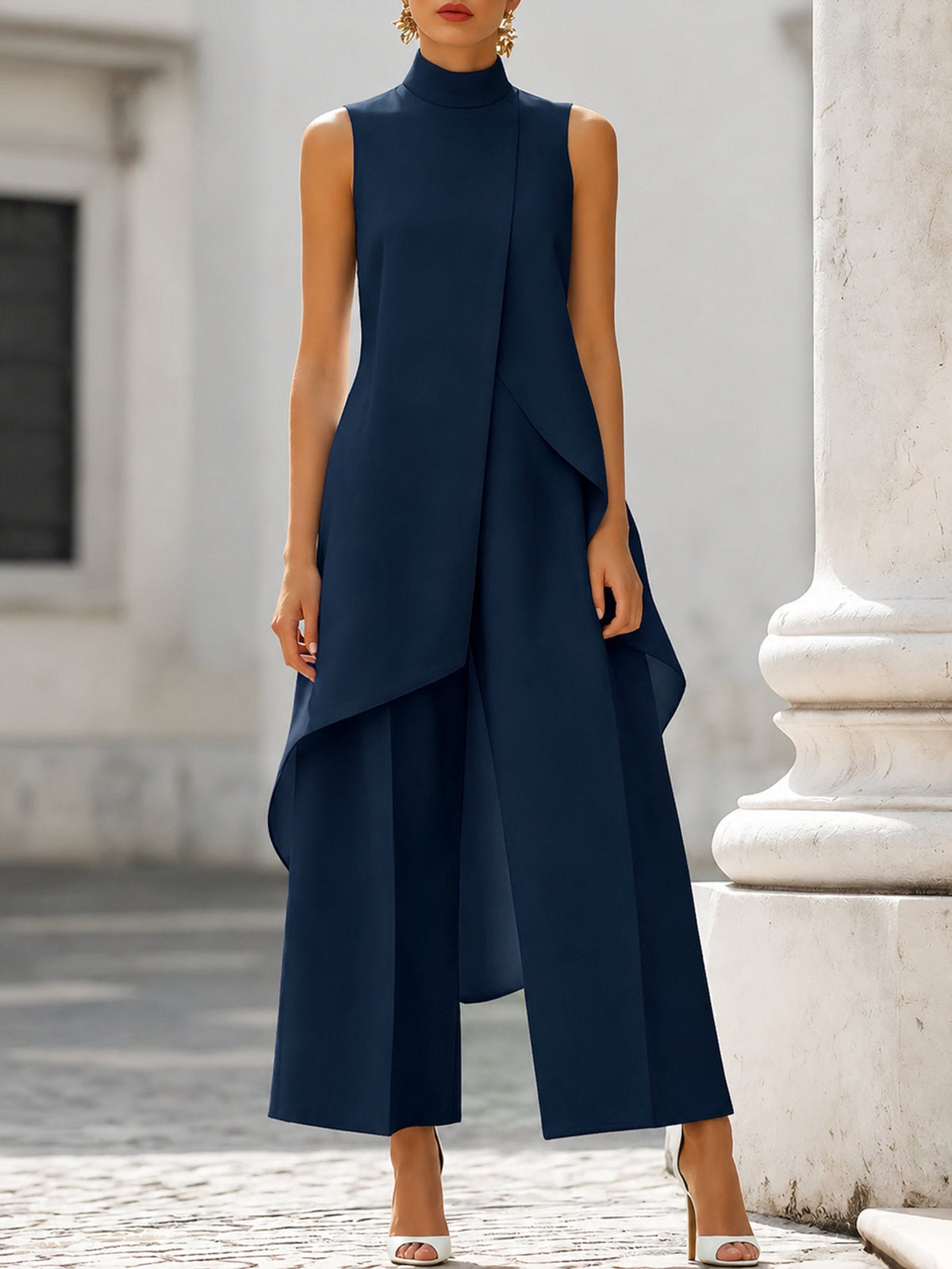 Emma | Dame Asymmetrisk High-Neck Ærmeløs Wide-Leg Bukse Sæt