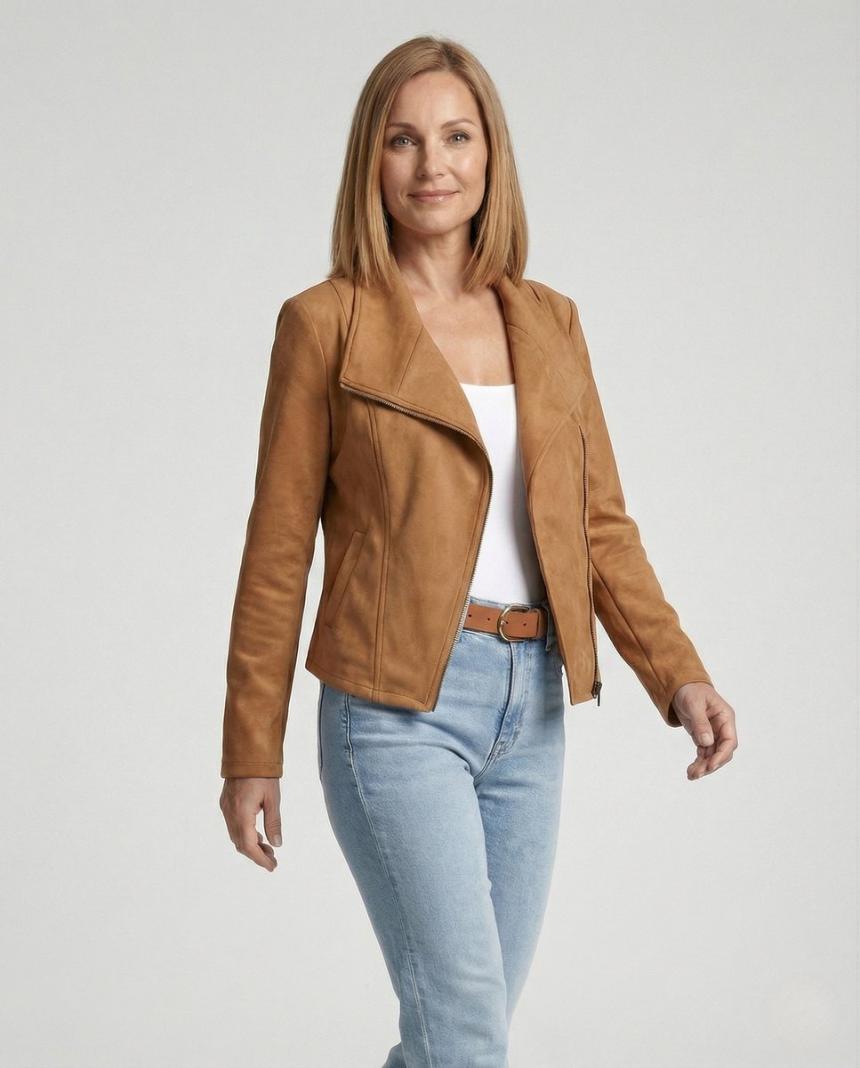 Mathilde | Dame Asymmetrisk Lynlås Biker Leather Jacket Ruskindslook