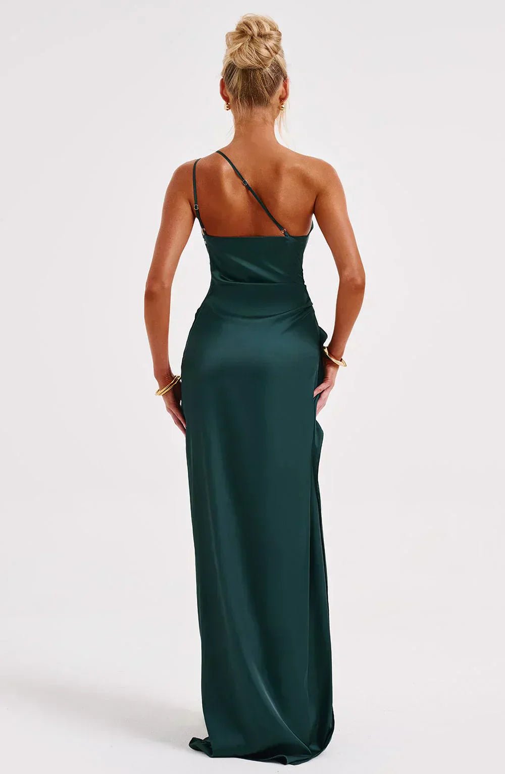 Laura | Dame Asymmetrisk One-Shoulder Satin Maxi Aftenkjole Høj Slids