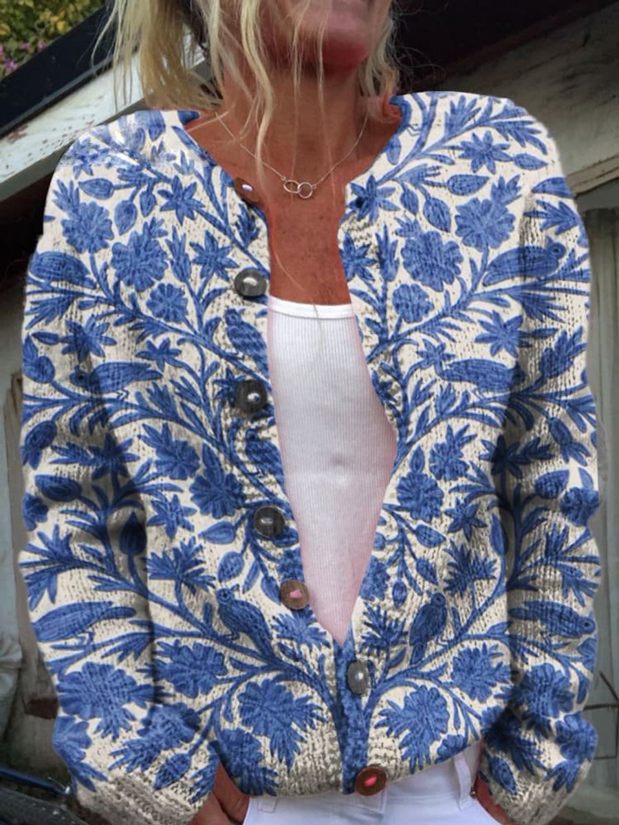 Mathilde | Dame Blomsterstrikket Cardigan Rundhalset Knapper