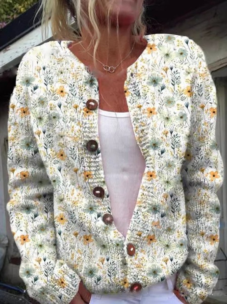 Mathilde | Dame Blomsterstrikket Cardigan Rundhalset Knapper