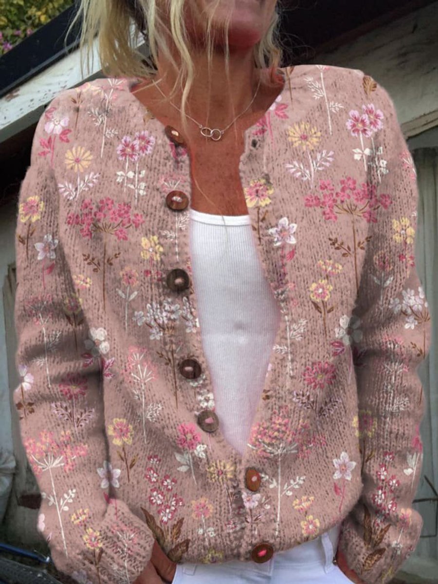 Mathilde | Dame Blomsterstrikket Cardigan Rundhalset Knapper