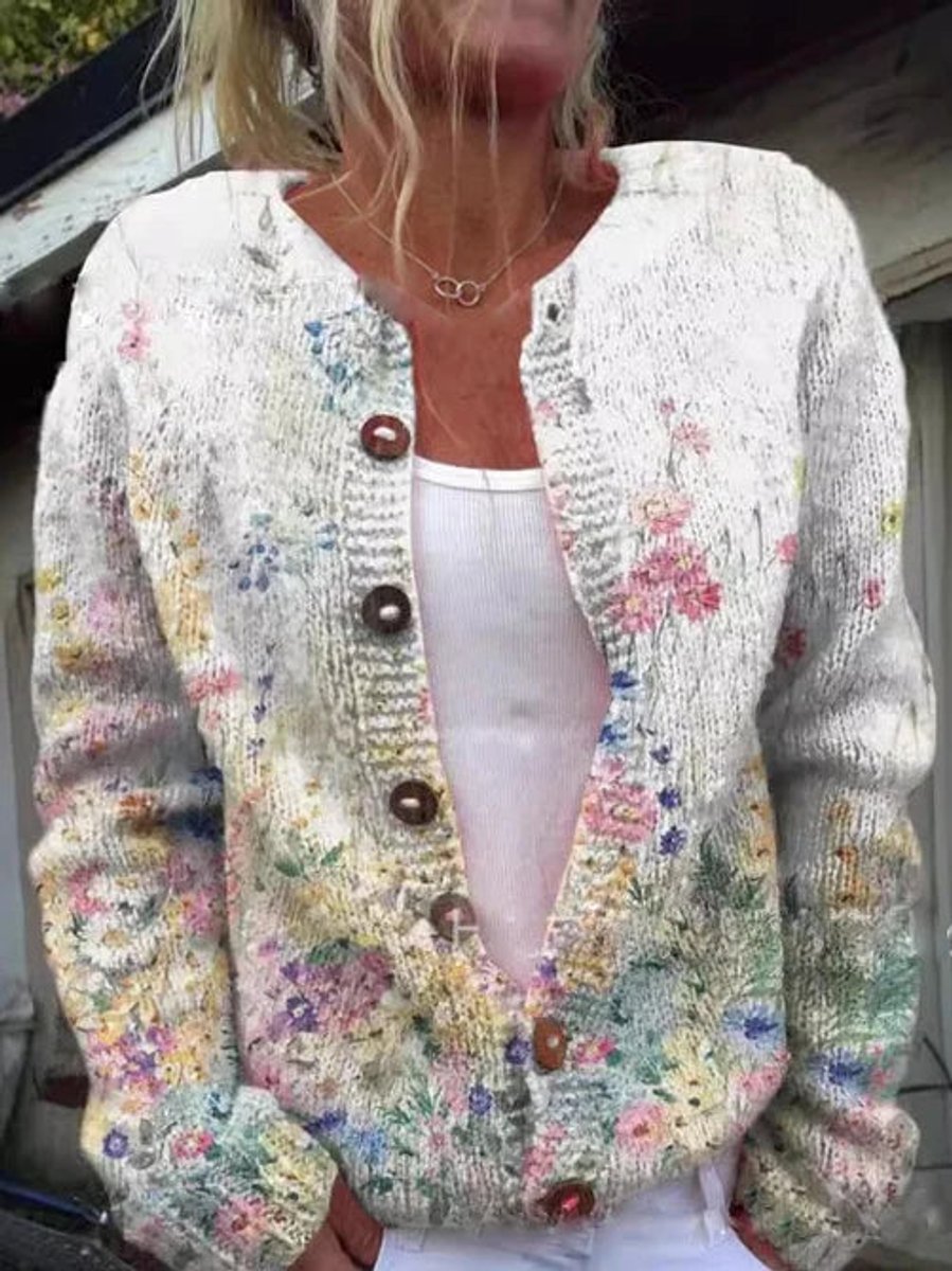 Mathilde | Dame Blomsterstrikket Cardigan Rundhalset Knapper