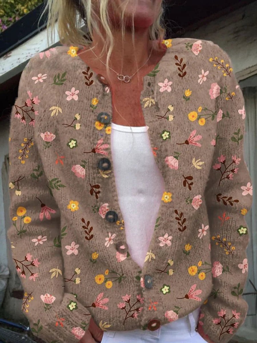 Mathilde | Dame Blomsterstrikket Cardigan Rundhalset Knapper