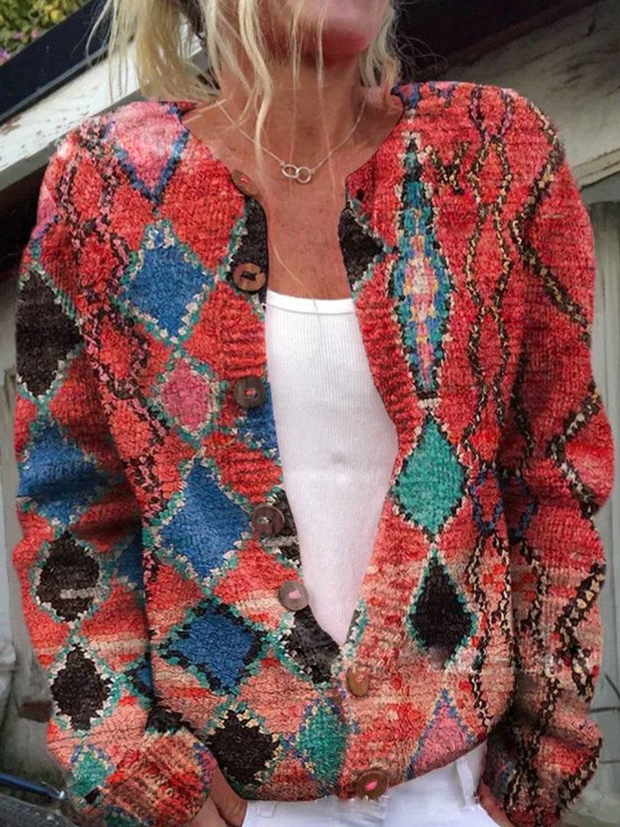 Mathilde | Dame Blomsterstrikket Cardigan Rundhalset Knapper