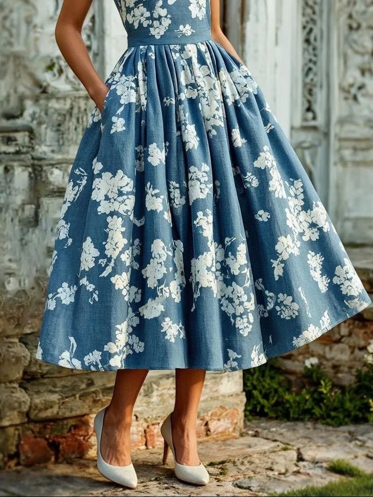 Isabella | Dame Blomstret Linen Midi Kjole Ærmeløs